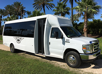 Small white bus exterior